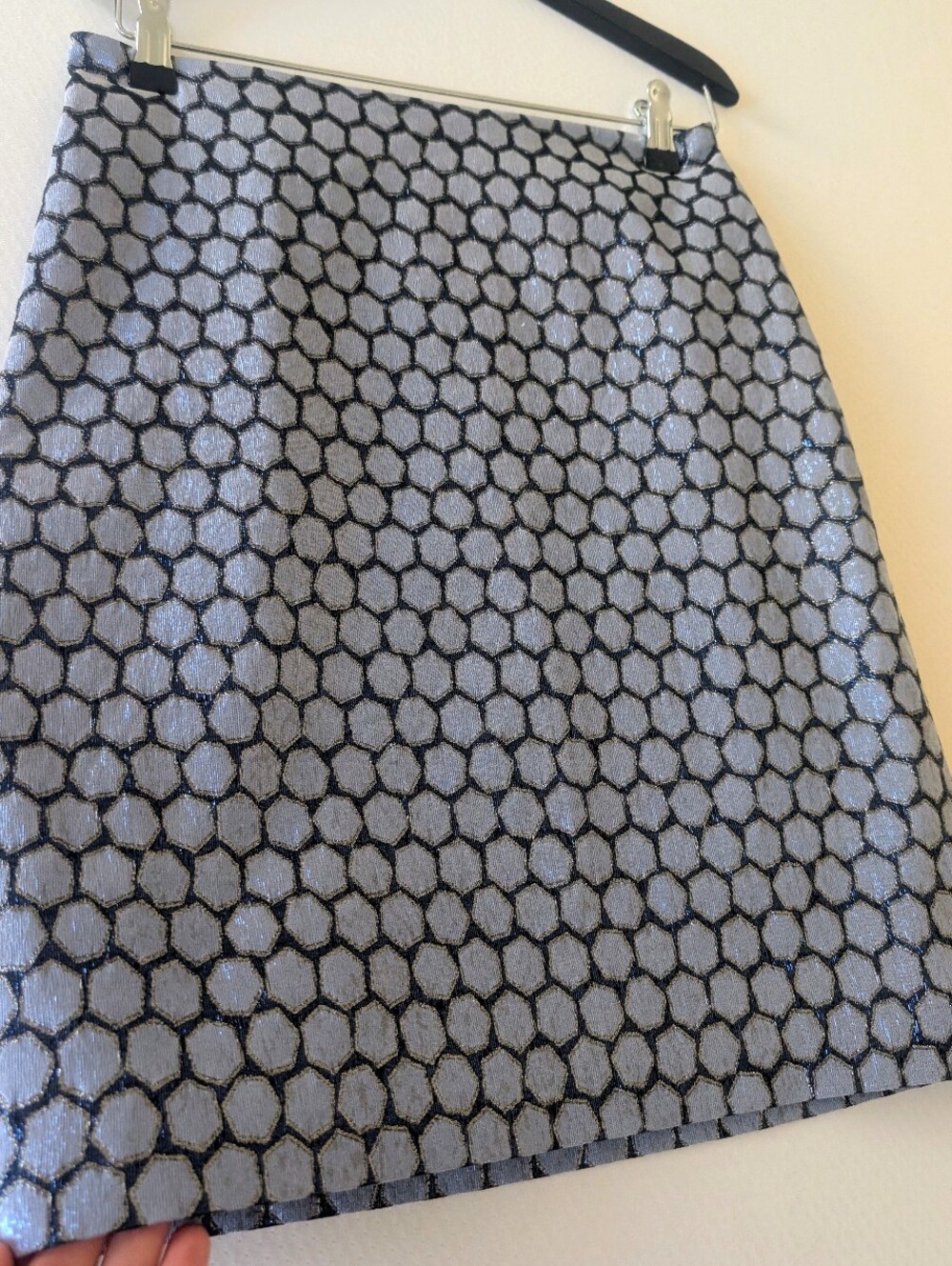 NWT J.McLaughlin Navy Silver Metallic Honeycomb Jacquard A-line Lined Skirt Sz 0